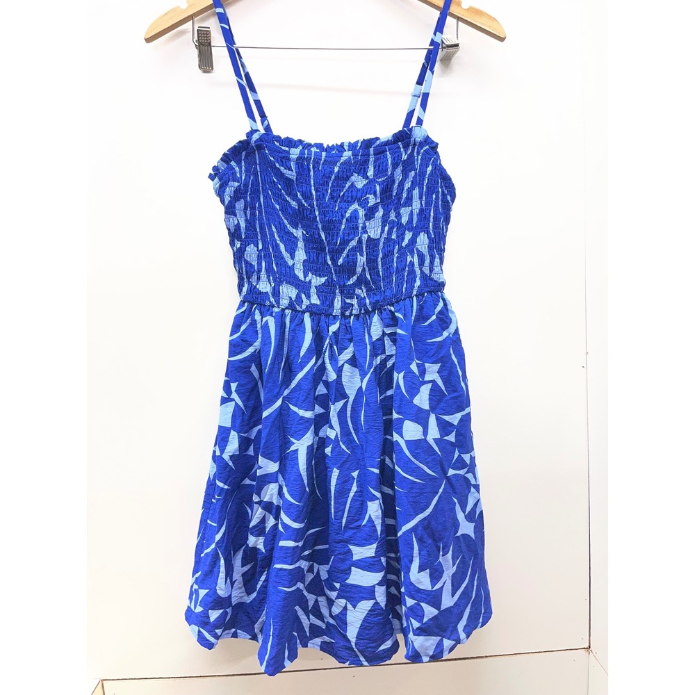 The General Good Blue Abstract Leaf Print Smocked Mini Dress Small Tropical Boho